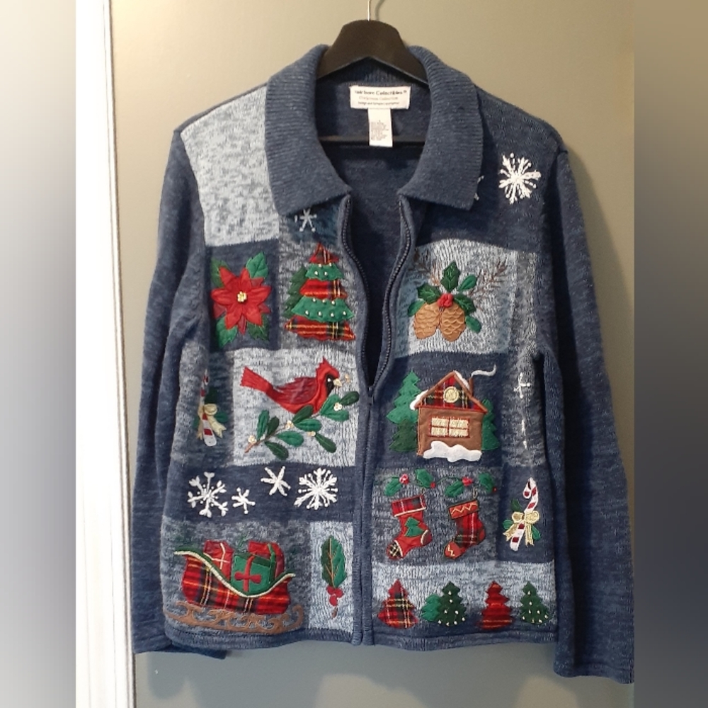 Women's front zip Navy Blue Holiday Sweater size L